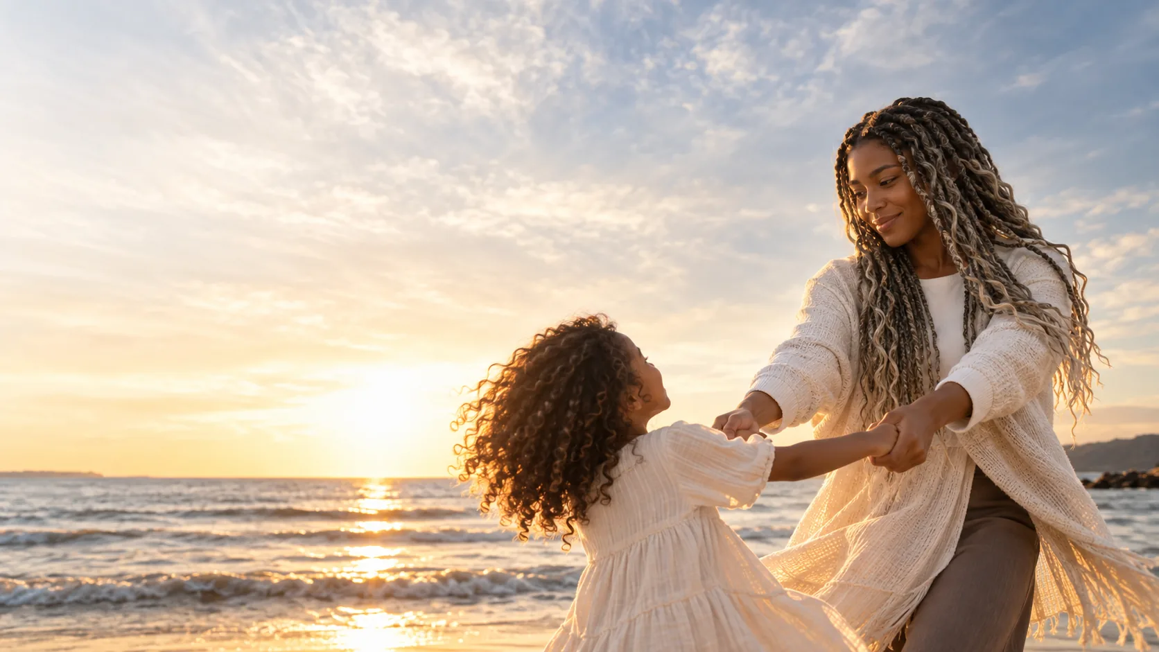 Mãe e filha a brincar à beira-mar ao pôr do sol