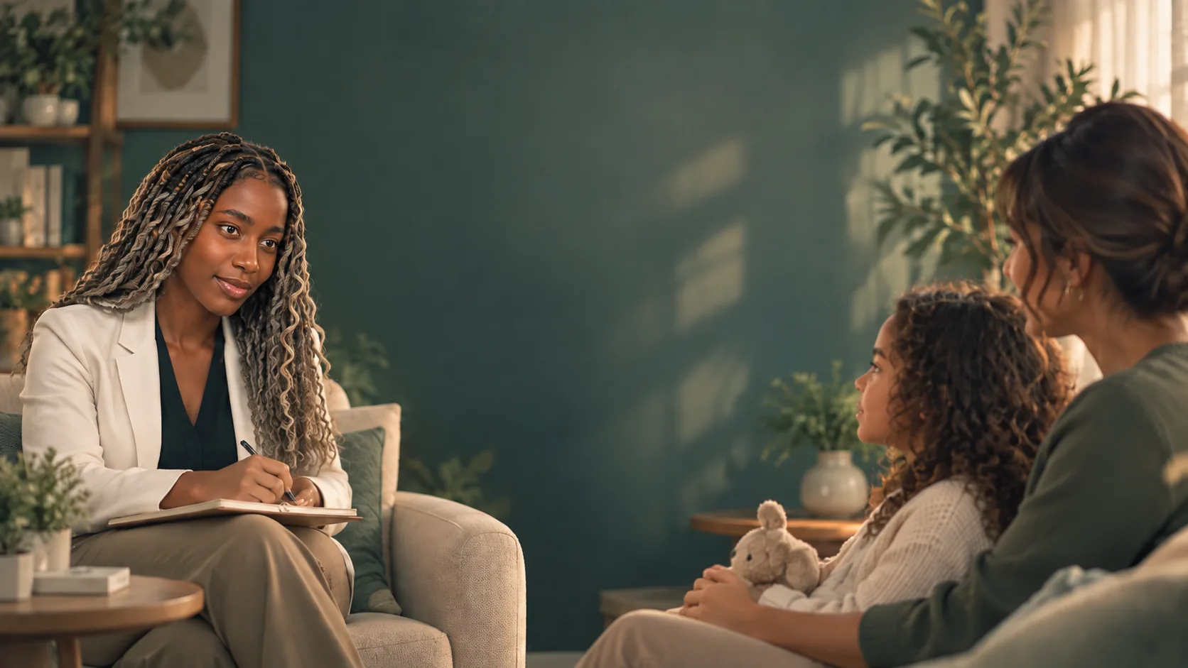 Jorgina Costa em conversa com uma mãe e a filha no consultório